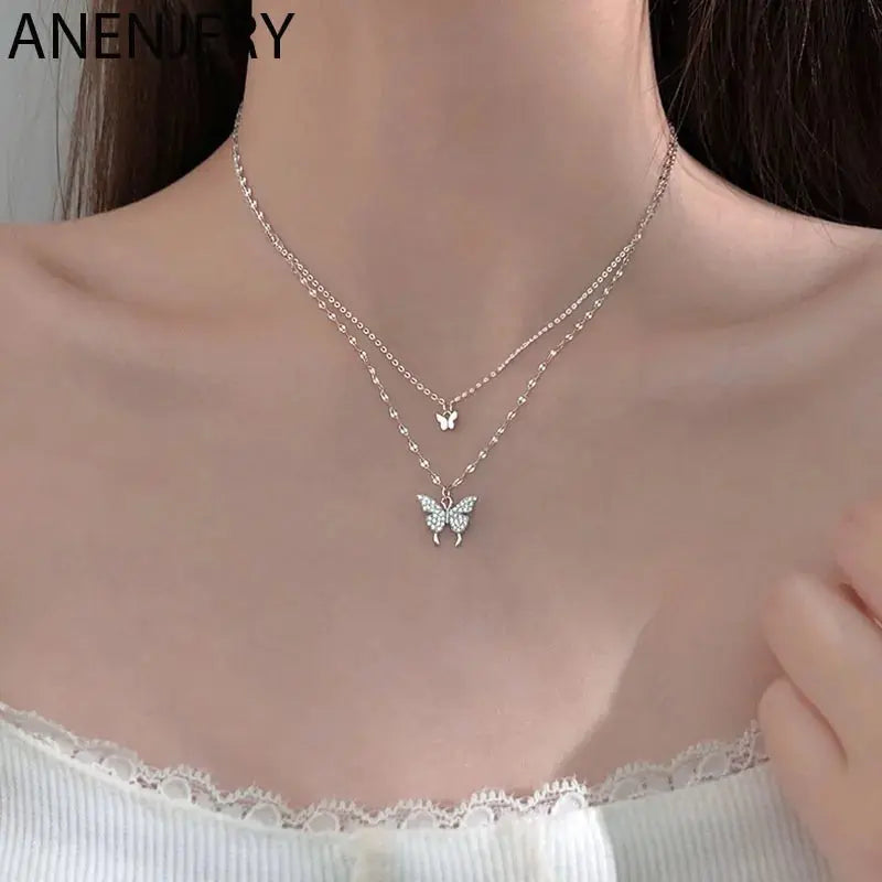 ANENJERY 925 Sterling Silver CZ Butterfly Necklace: Double Layer Dainty Jewelry Zendrop