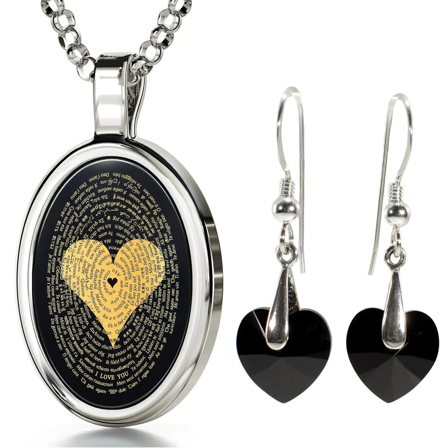 I Love You Necklace in 120 Languages 24k Gold Inscribed Onyx and Crystal Heart Earrings Jewelry Set Zendrop