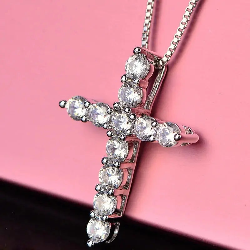 Crystal Cross Pendant Silver Chain Necklace - Fashionable Women's Jewelry Gift Zendrop